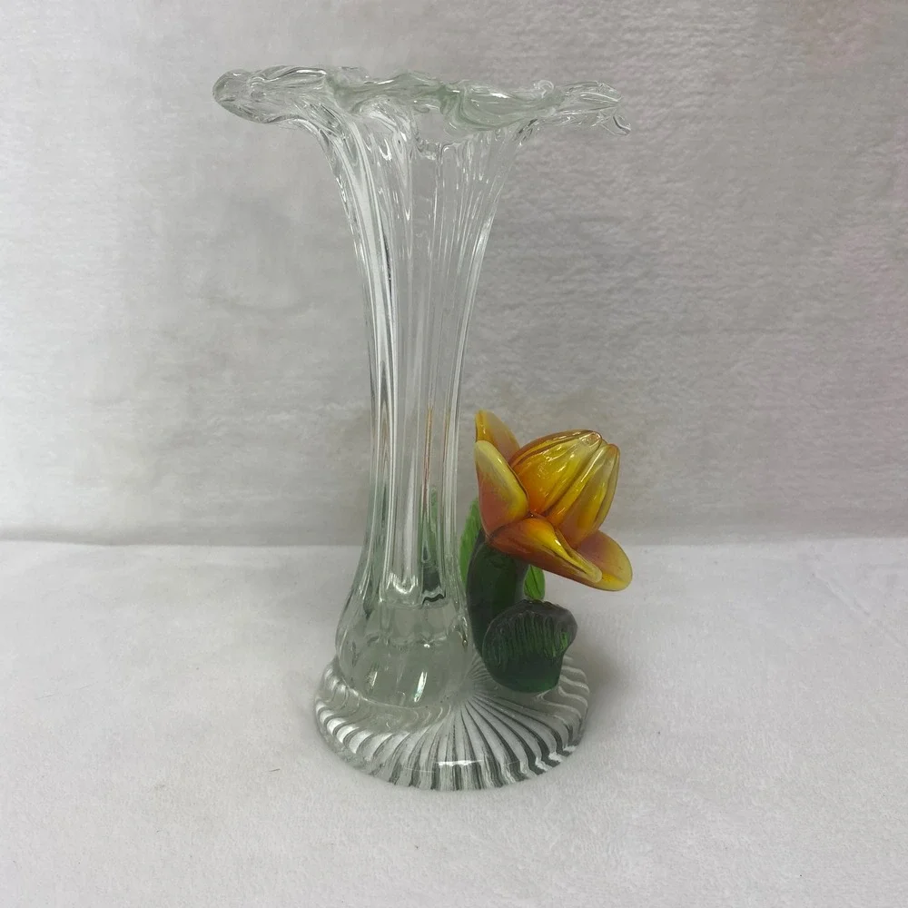 VTG  Hand‎ Blown Clear Art Glass Vase Yellow Orange Flower NOS